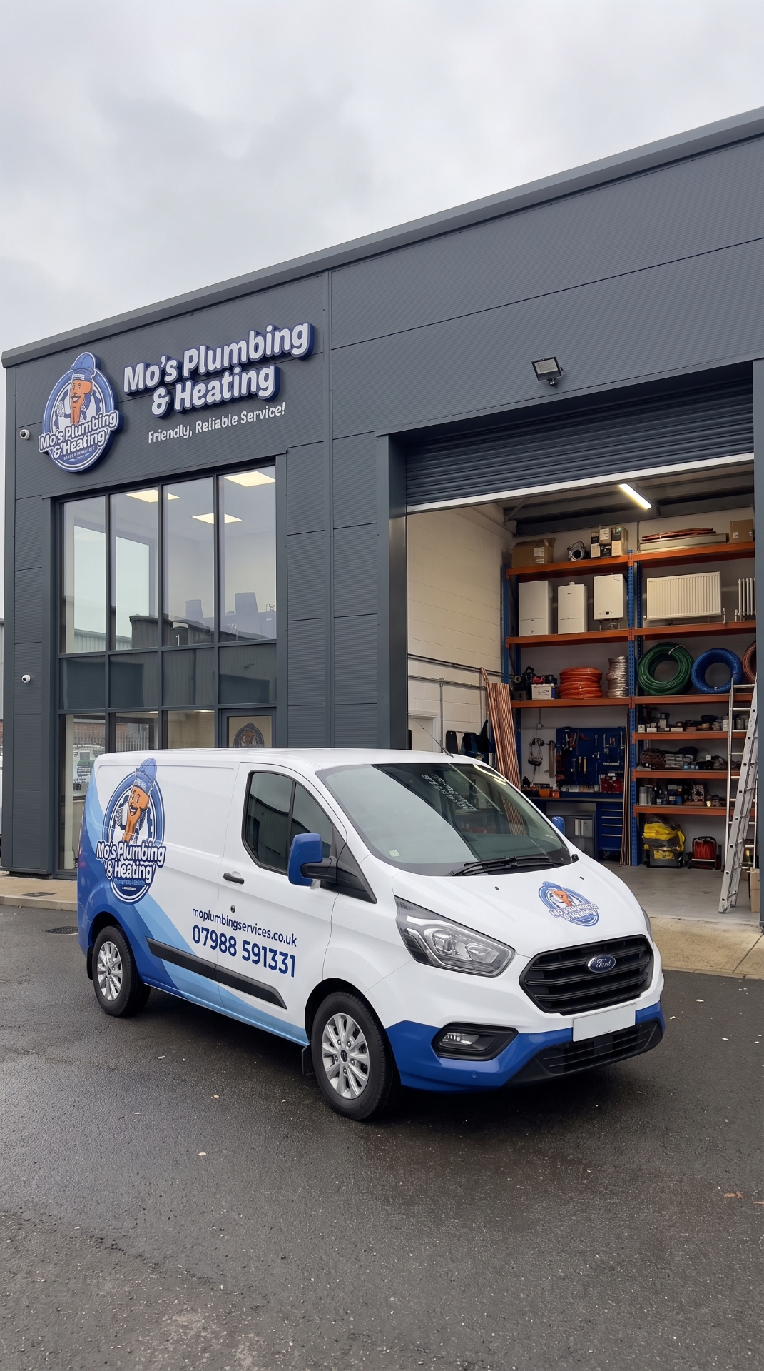 Mo's Plumbing & Heating van outside the Glasgow headquarters